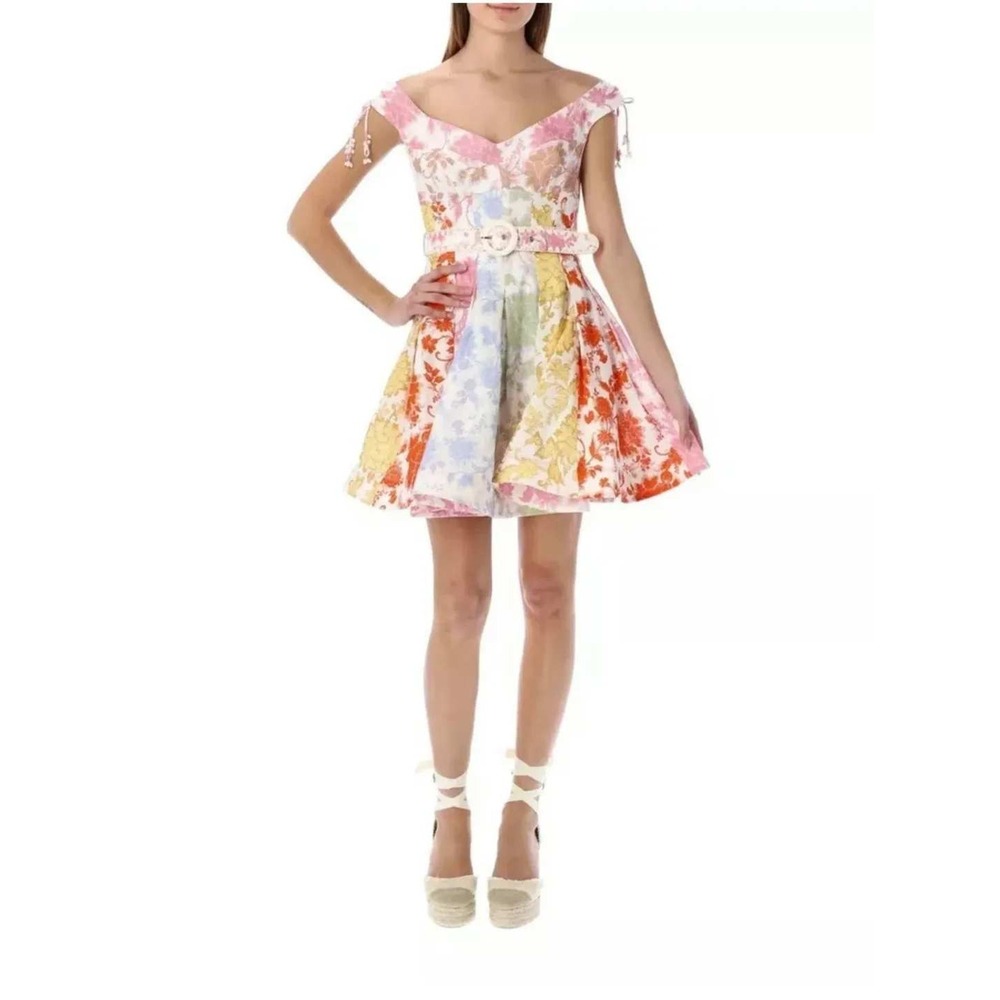 Zimmermann Postcard Spliced Mini Dress Tonal Floral Linen Belted Womens Size 1